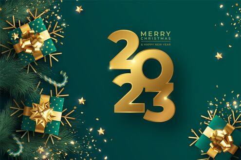 Обои на рабочий стол Праздничный фон с елочкой и подарками и надписью 2023 merry christmas / с рождеством