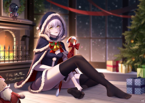 Обои на рабочий стол Jeanne dArc / Жанна дАрк / Jeanne Alter / Альтер-Жанна из игры Fate / Grand Order сидит на полу у камина