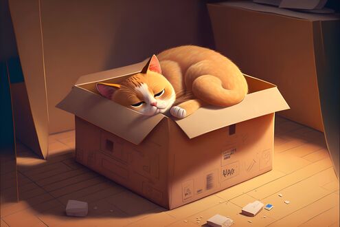 Обои на рабочий стол Рыжий котик лежит в коробке
