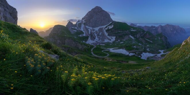 Обои на рабочий стол Весенние Альпы и желтые цветы на переднем плане / Mangart Mountain Julian Alpy, Slovenia