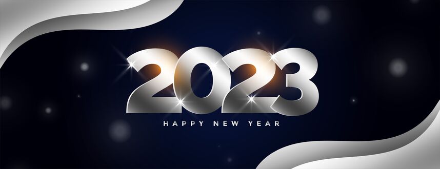 Обои на рабочий стол Сияющая надпись 2023 Happy New Year с бликами на цифрах и на темно-синем фоне с сугробами по углам