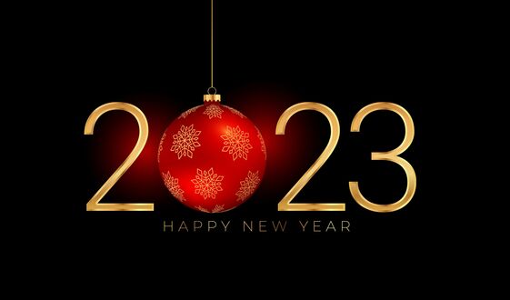 Обои на рабочий стол Новогодний шар и цифры нового 2023 года с надписью Happy new year / счастливого нового года