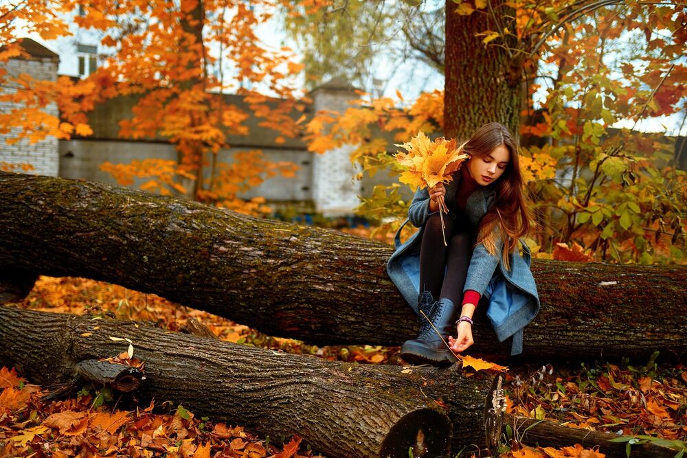Обои для рабочего стола Темноволосая девушка - модель Diana Zhigareva / Диана Жигарева в пальто с осенними листьями в руке сидит поваленном дереве на природе