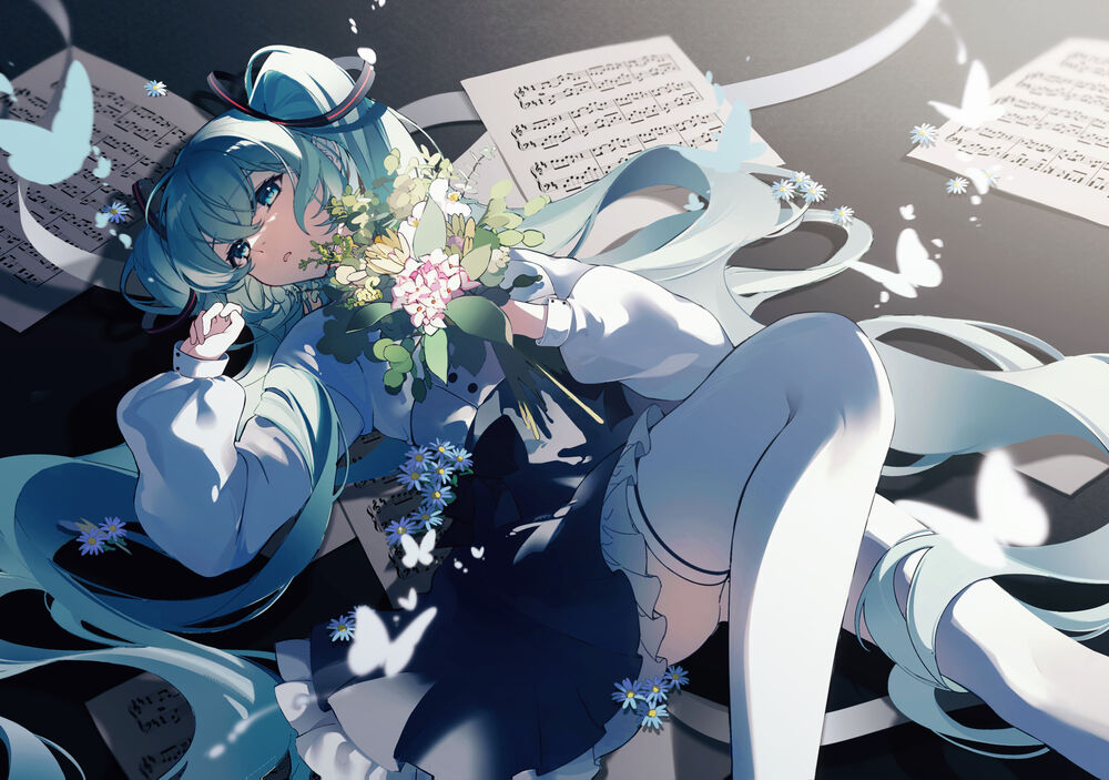 Обои для рабочего стола Vocaloid Yuki Miku / Вокалоид Юки Мику лежит на полу среди листов с нотами