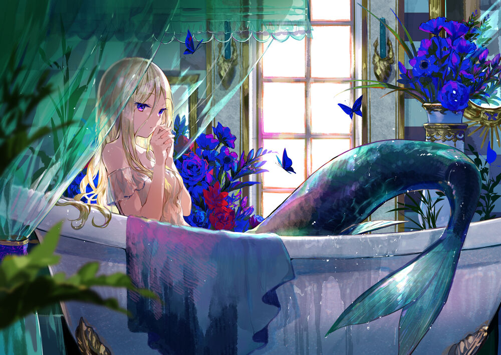 Обои для рабочего стола Светловолосая русалка в ванной с синими цветами