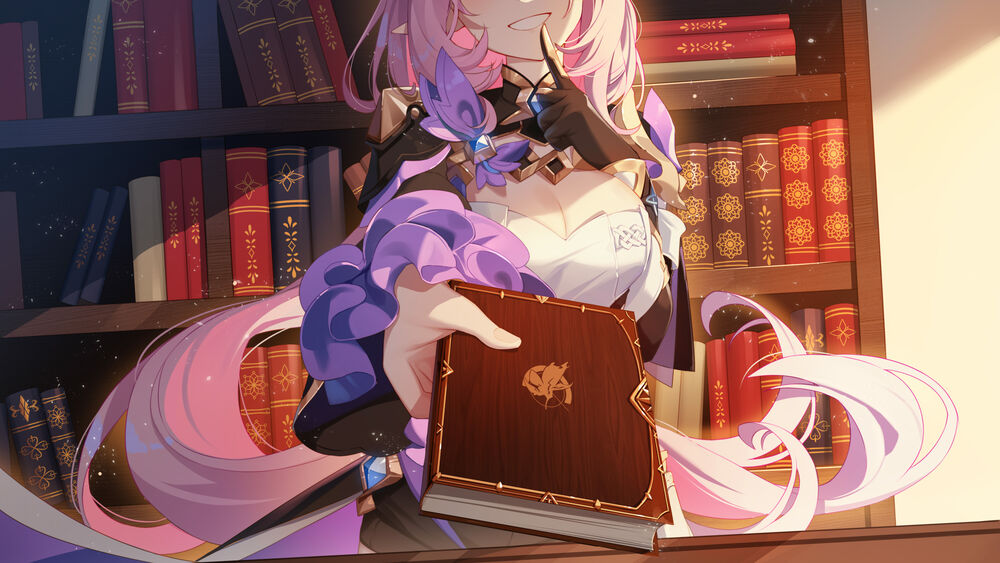 Обои для рабочего стола Элисия / Elysia из игры Honkai Impact 3rd протягивает кому-то книгу, призывая молчать об этом