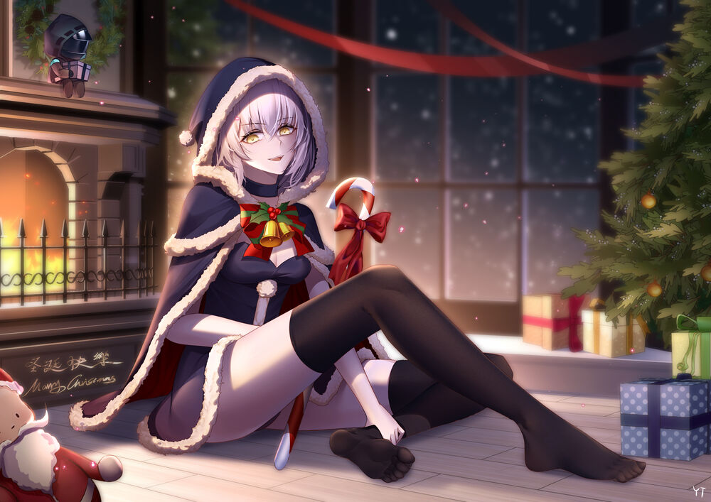 Обои для рабочего стола Jeanne dArc / Жанна дАрк / Jeanne Alter / Альтер-Жанна из игры Fate / Grand Order сидит на полу у камина
