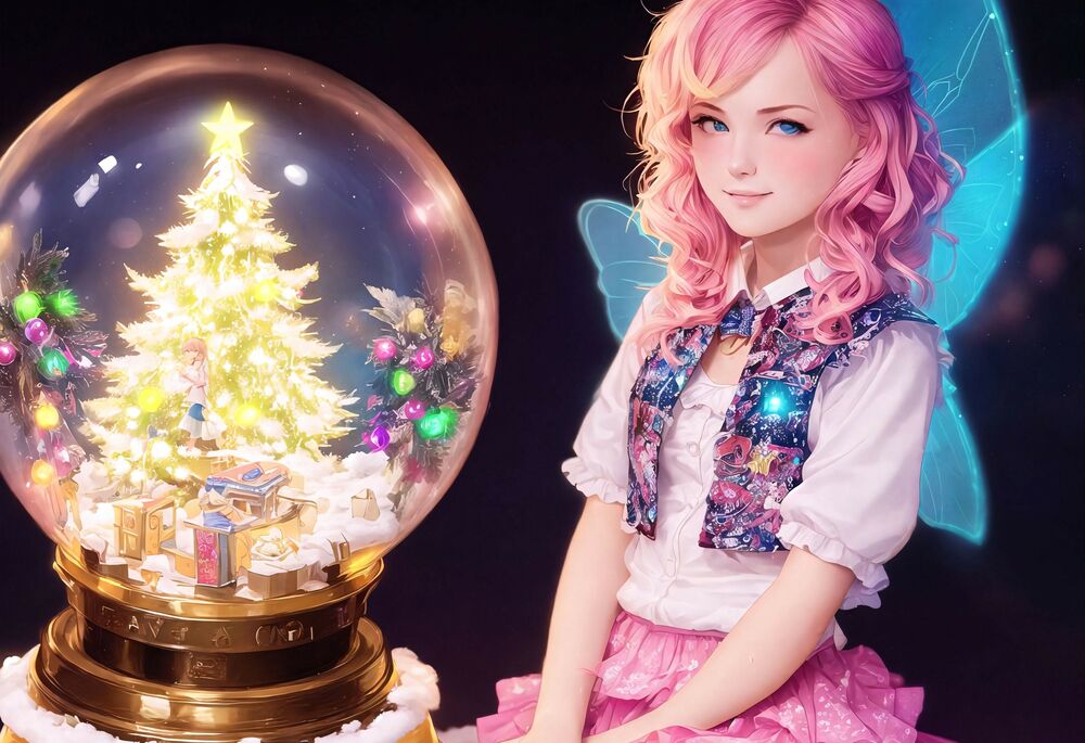 Обои для рабочего стола Девушка с розовыми волосами сидит у стеклянного шара с новогодней елкой внутри