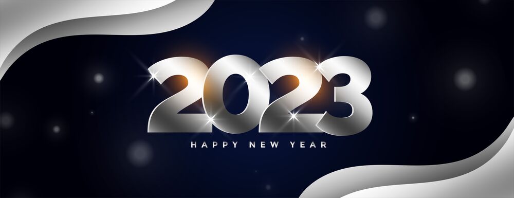 Обои для рабочего стола Сияющая надпись 2023 Happy New Year с бликами на цифрах и на темно-синем фоне с сугробами по углам