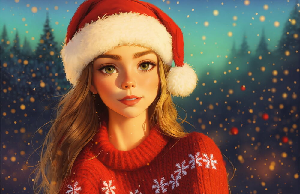 Обои для рабочего стола Симпатичная девушка в вязанном красном свитере со снежинками и новогодней шапочкой стоит на фоне елок