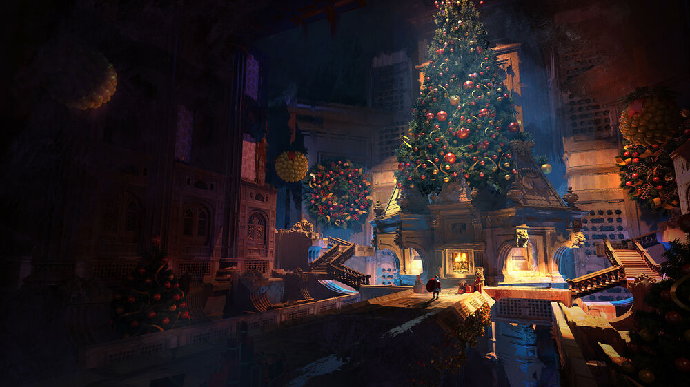 Обои для рабочего стола Огромная городская новогодняя елка и Санта Клаус с мешком стоит перед подарками и горящим камином