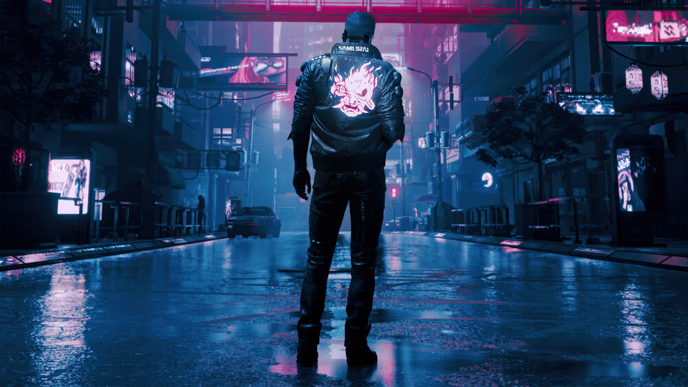 Обои для рабочего стола Мужчина стоит на улице ночного города в короткой курке с черепом из игры Cyberpunk 2077