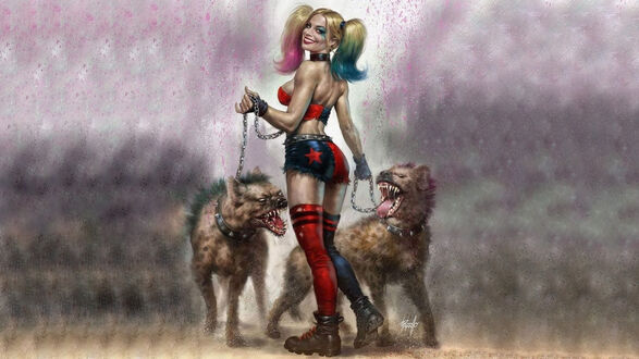 Обои на рабочий стол Harley Quinn / Харли Квинн с гиенами на поводке