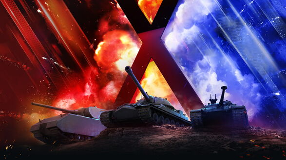 Обои на рабочий стол Три танка на фоне облаков и буквы X