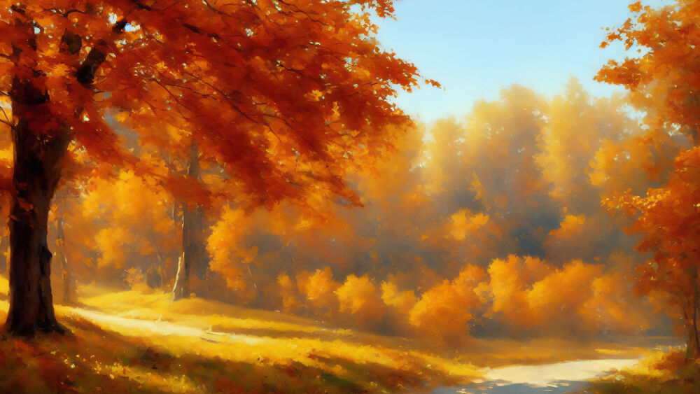Обои для рабочего стола Дорога залитая солнечным светом среди оранжевых деревьев осенью