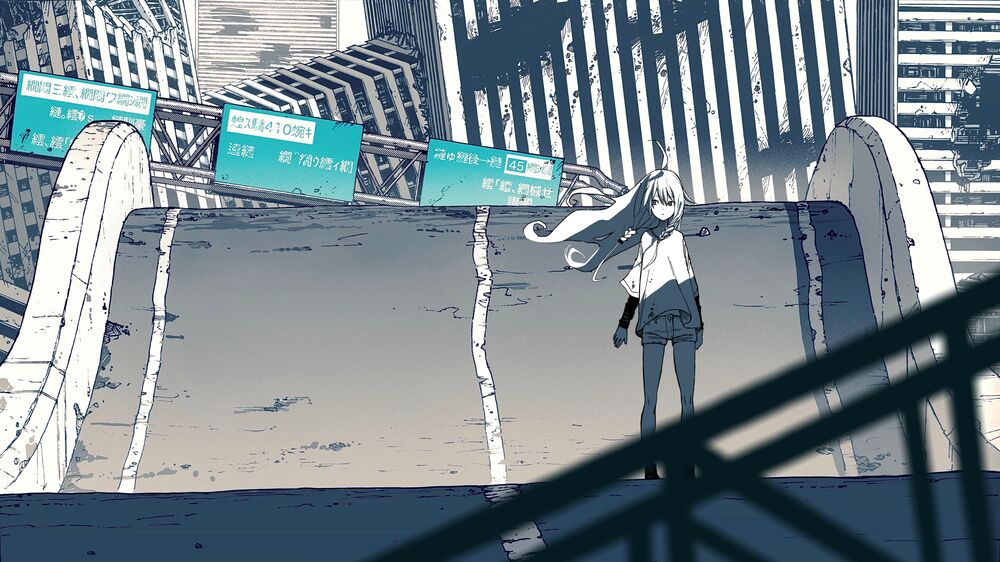 Обои для рабочего стола Vocaloid IA / Вокалоид Иа стоит на дороге разрушенного города