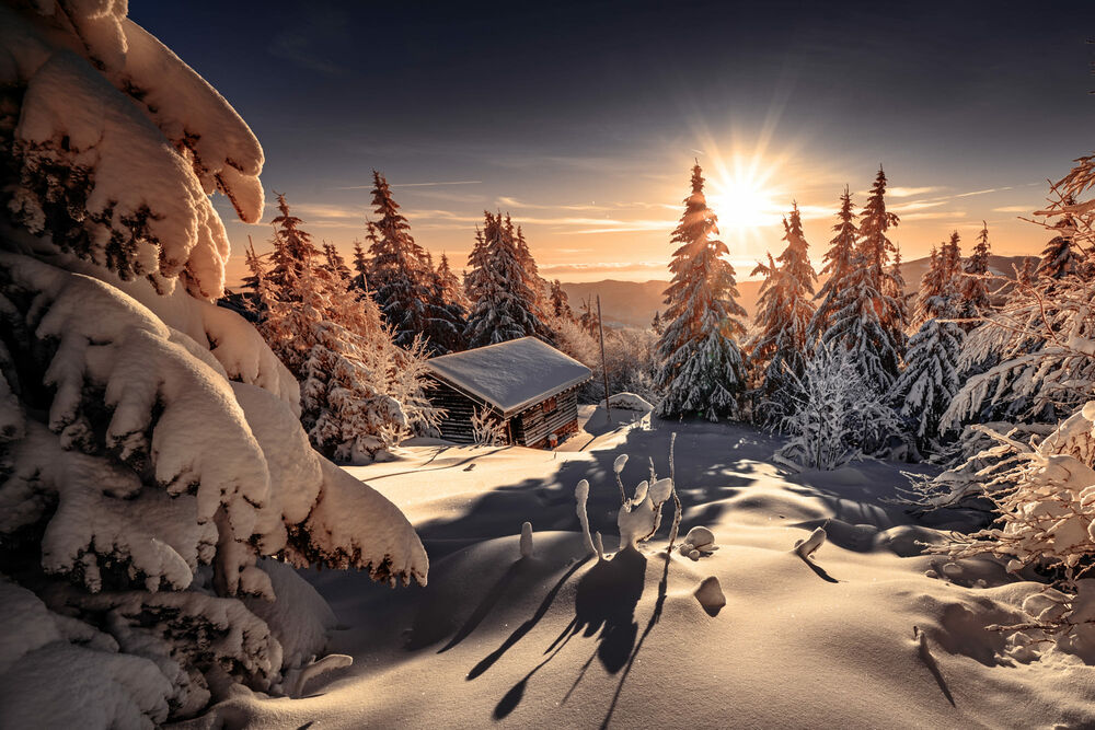 Обои для рабочего стола Зимний восход солнца над деревьями и домиком в снегу