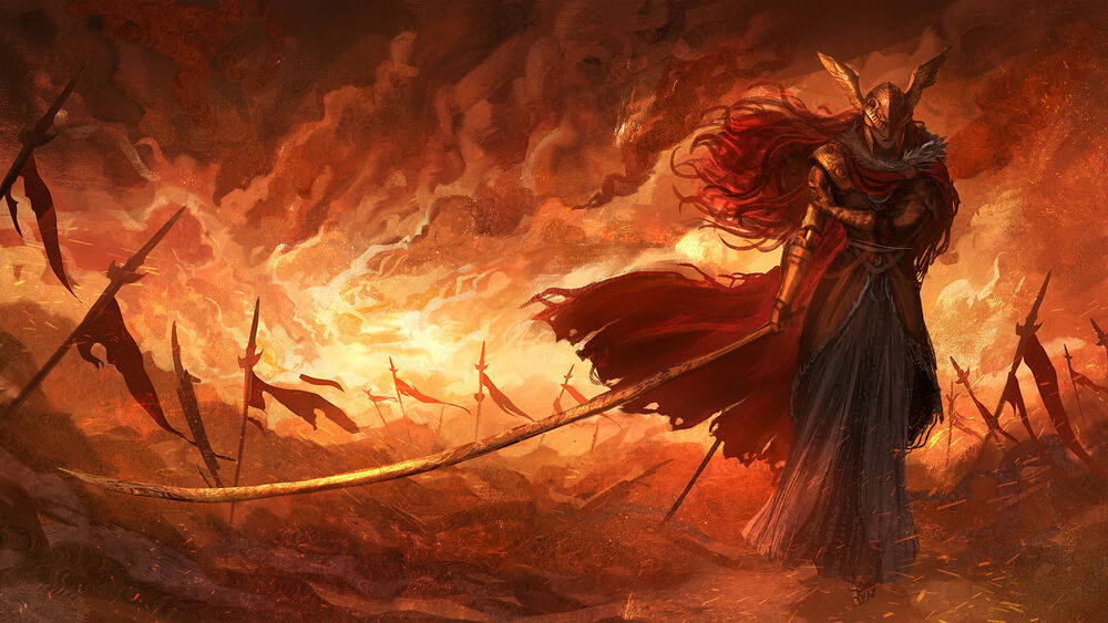 Обои для рабочего стола Воин в шлеме с крыльями и длинным мечем идущий по тропе в пылающем огне среди флагов
