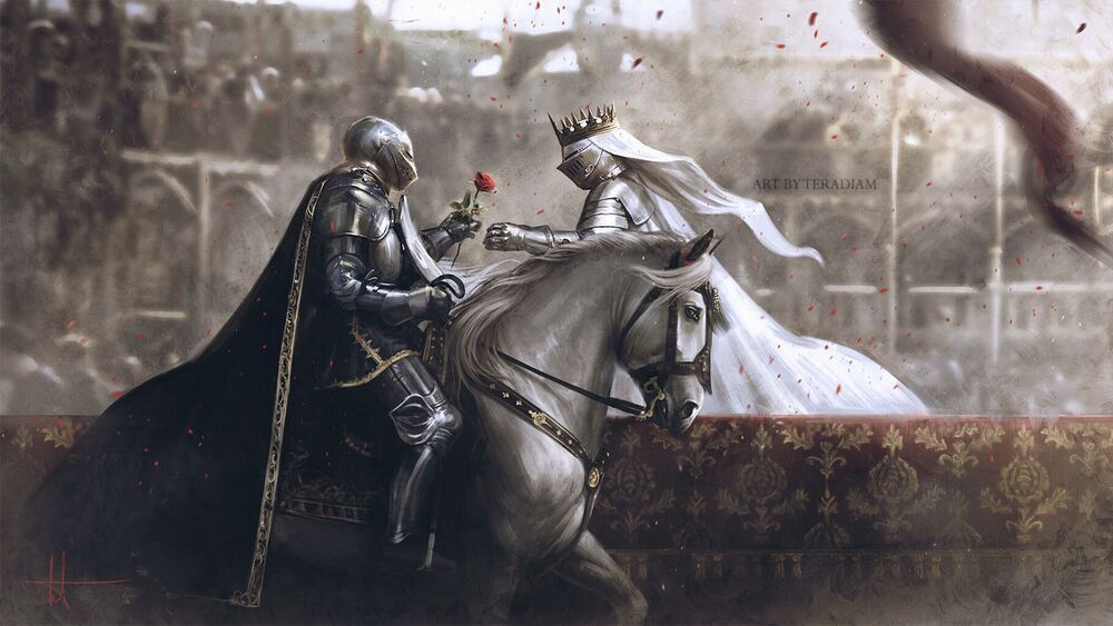 Обои для рабочего стола Рыцарь на турнире дарит розу королеве в доспехах