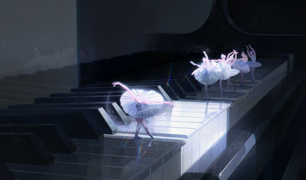 Обои для рабочего стола Балерины танцуют на клавишах пианино