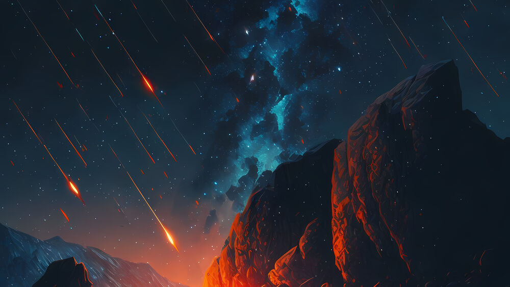 Обои для рабочего стола Падающие кометы среди скал на фоне облаков звездной пыли