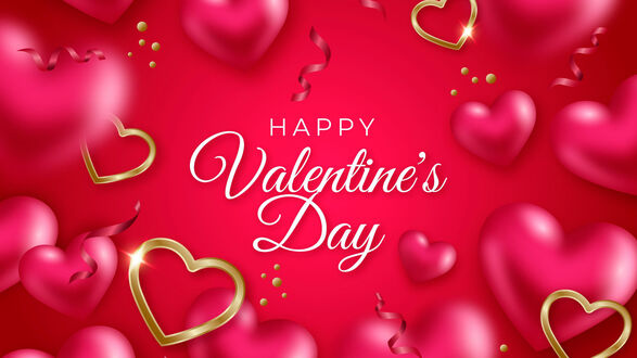 Обои на рабочий стол Золотые и розовые сердца на красном фоне (Happy Valentines Day)
