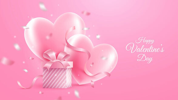 Обои на рабочий стол Два розовых сердца и коробка с бантом на розовом фоне (Happy Valentines Day)