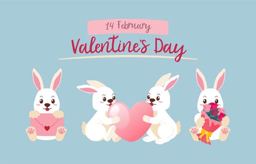 Обои на рабочий стол Белые кролики на голубом фоне (14 February Valentines Day)