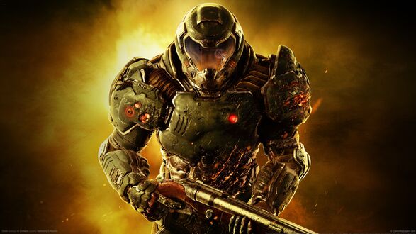 Обои на рабочий стол Главный герой игры DOOM на фоне ночного неба с оружием