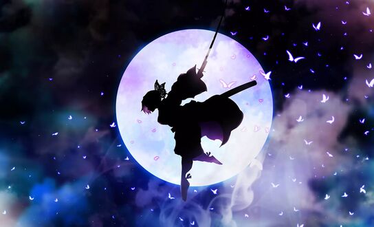 Обои на рабочий стол Кочо Шинобу / Shinobu Kocho из аниме Demon Slayer: Kimetsu no Yaiba / Клинок, рассекающий демонов - силуэт на фоне луны среди бабочек