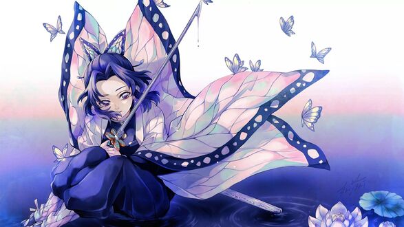 Обои на рабочий стол Кочо Шинобу / Shinobu Kocho из аниме Demon Slayer: Kimetsu no Yaiba / Клинок, рассекающий демонов сидит у воды среди бабочек