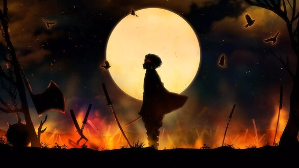 Обои на рабочий стол Камадо Танжиро / Tanjiro Kamado из аниме Demon Slayer: Kimetsu no Yaiba / Клинок, рассекающий демонов на фоне желтой луны среди птиц