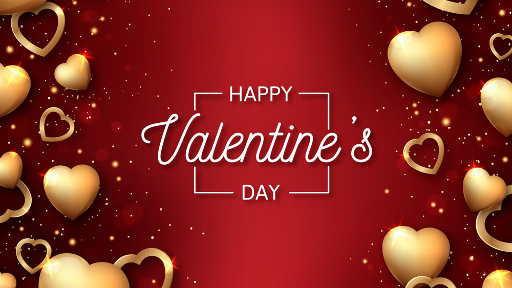 Обои для рабочего стола Золотые сердечки на красном фоне (Happy Valentines Day)