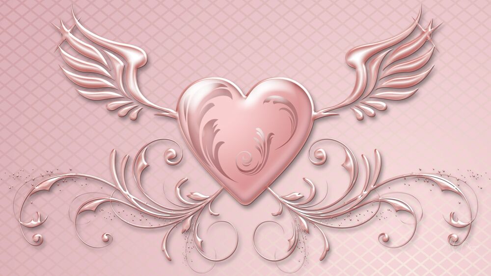 Обои для рабочего стола Нежно-розовое сердечко с крыльями на розовом фоне