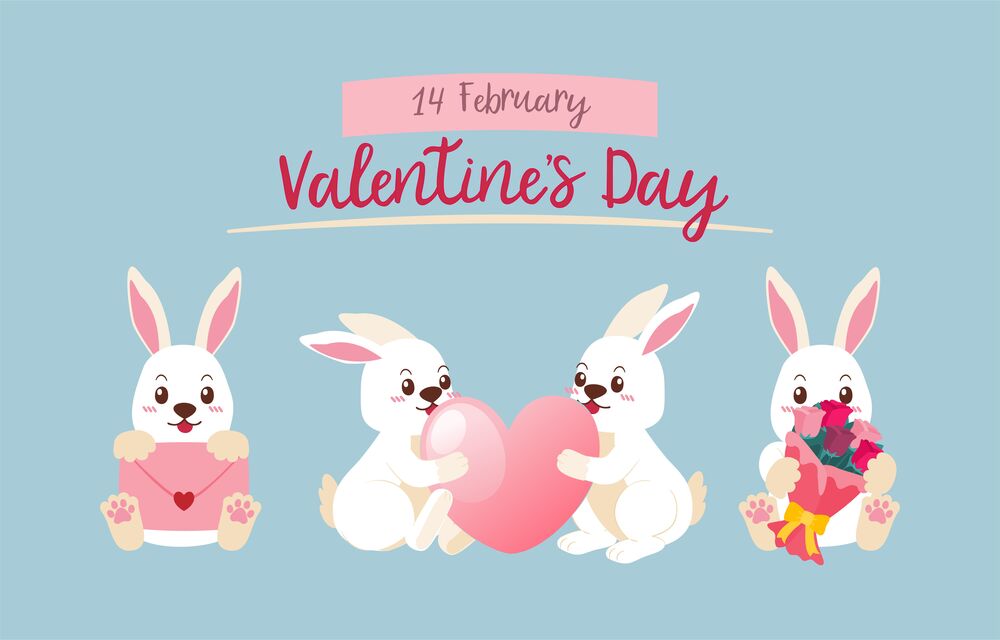 Обои для рабочего стола Белые кролики на голубом фоне (14 February Valentines Day)