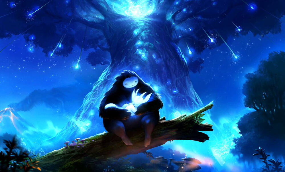 Обои для рабочего стола Ори / Ori спит на руках Нару / Naru из игры Ori and the Blind Forest / Ори и непроглядный лес