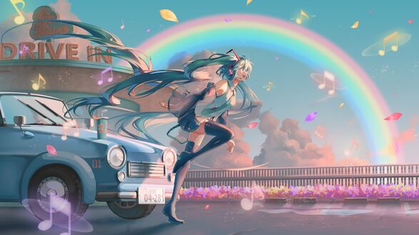 Обои на рабочий стол Vocaloid Hatsune Miku / Вокалоид Хатсунэ Мику возле автомобиля на фоне радуги