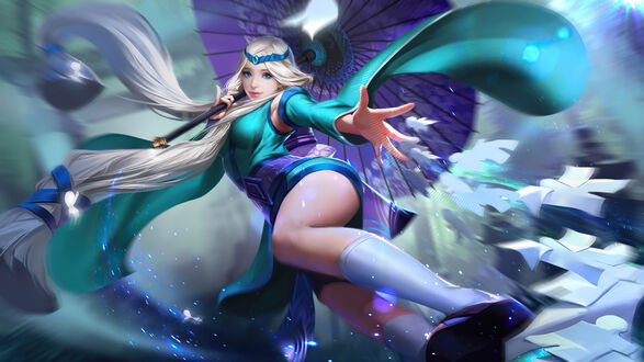 Обои на рабочий стол Kagura / Кагура с зонтом в руке, персонаж из игры Mobile Legends: Bang Bang!
