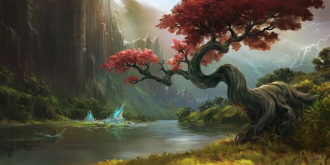 Обои на рабочий стол River of the ancestors. Девушка сидя в лодке плывет по реке