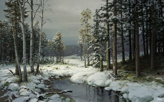 Обои на рабочий стол Early snow. Заснеженные деревья на фоне пасмурного неба