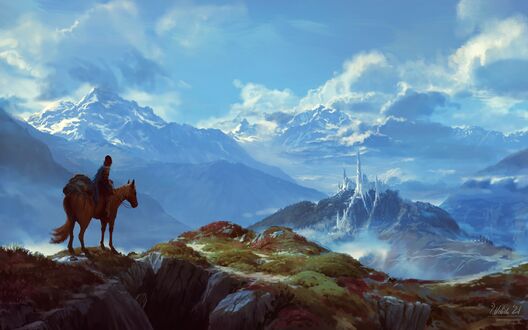 Обои на рабочий стол Castle in the mountains. Всадник верхом на лошади смотрит в сторону замка на вершине горы