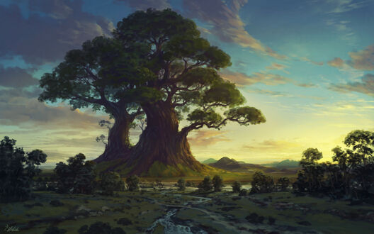 Обои на рабочий стол The tree. Исполинское дерево на фоне облачного неба
