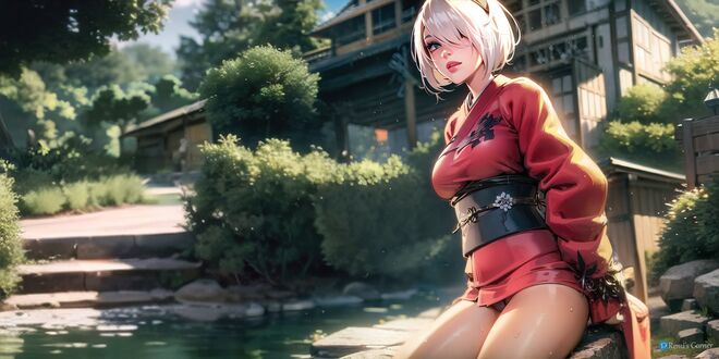 Обои на рабочий стол Андроид YoRHa No. 2 Type B в юкате на фоне здания, персонаж из игры NieR: Automata