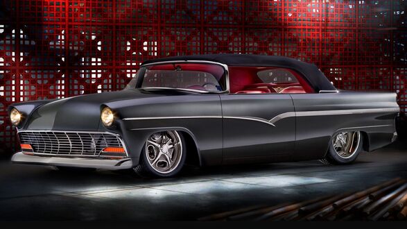 Обои на рабочий стол Серый Ford 1956 года на фоне красной решетки