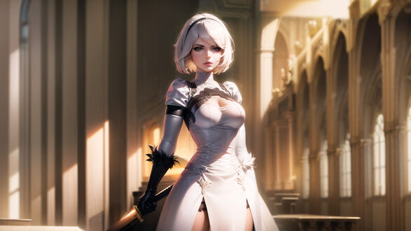 Обои на рабочий стол Андроид YoRHa No. 2 Type B в белом наряде с мечом в руке, персонаж из игры NieR: Automata