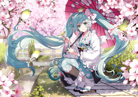 Обои на рабочий стол Vocaloid Hatsune Miku / Вокалоид Хатсунэ Мику сидя на корточках, держит в руке традиционный японский зонт «Вагаса»