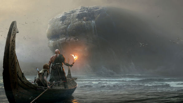 Обои на рабочий стол Кратос плывет с Атреем в лодке из игры God of War