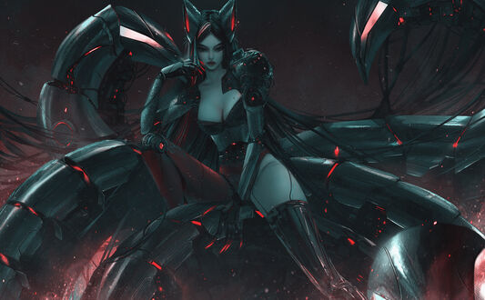 Обои на рабочий стол Ари / Ahri из игры League of Legends / Лига Легенд сидит на металлических щупальцах