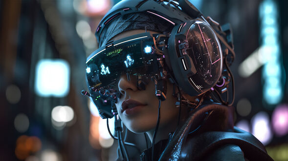 Обои на рабочий стол Cyberpunk / Футуристический портрет девушки в VR-гарнитуре на фоне огней города