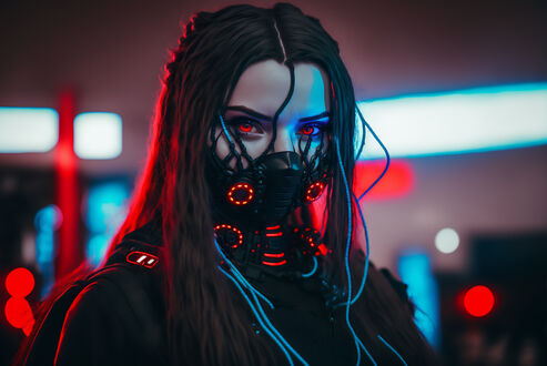 Обои на рабочий стол Cyberpunk / Портрет девушки с длинными волосами, красными глазами и в маске на фоне светящих огней